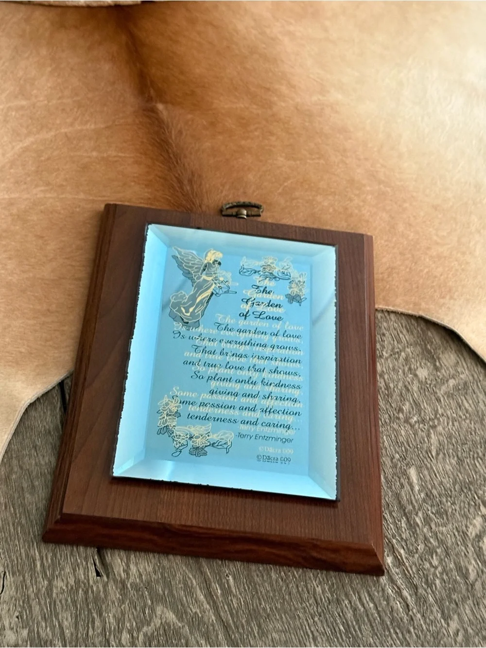 Vintage Engraved Angel Mirrored Plaque in Wood Frame - Blue Mirror